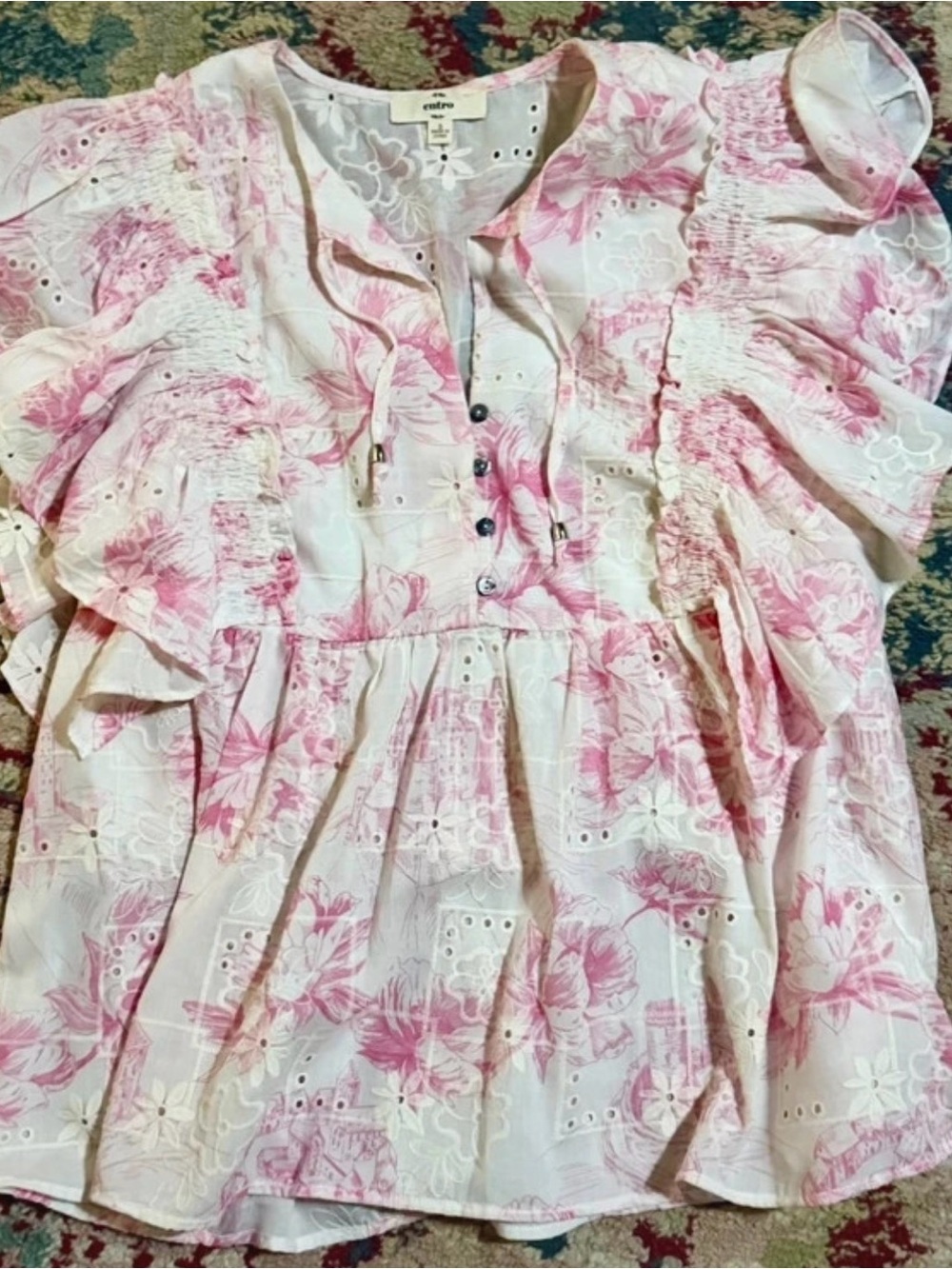 entro Pink Floral Eyelet Ruffle Blouse